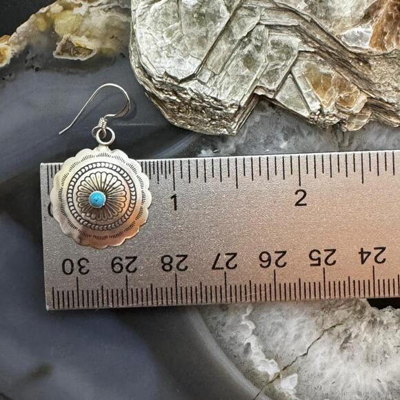 Native American Sterling Turquoise Dot Flower Concho Dangle Earrings For Women - Picture 10 of 10